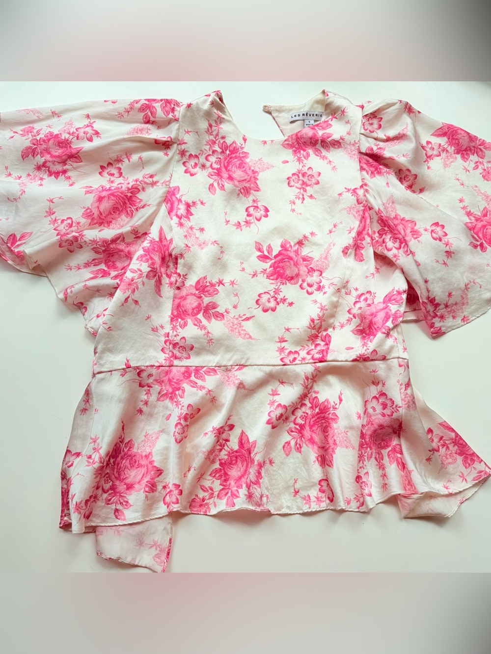Les Rêveries Pink Floral Open Back Peplum Blouse Romantic Coquette 100% silk - Picture 3 of 6